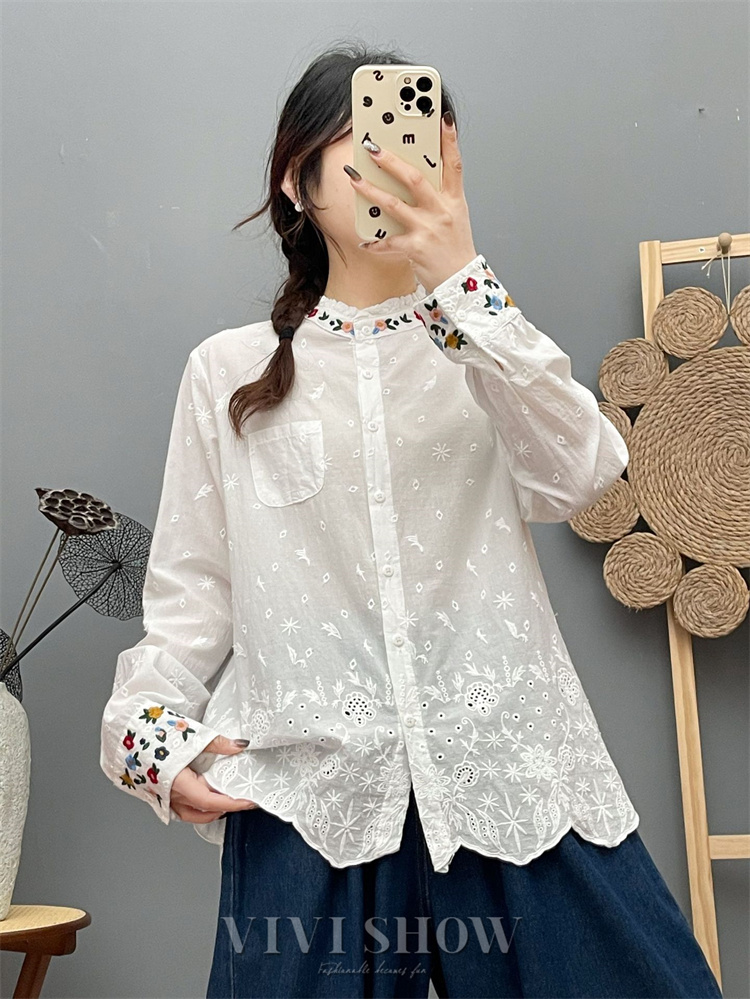シャツ ブラウス レディース 長袖シャツ 刺繍 立ち襟 花柄 トップス