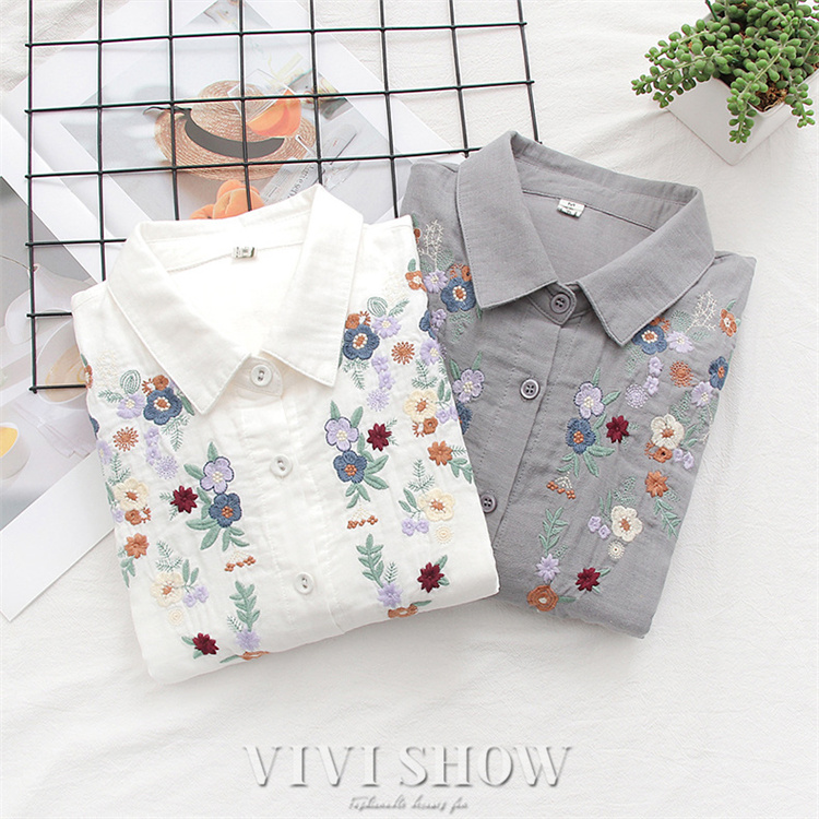 シャツ レディース ブラウス 長袖シャツ 長袖 刺繍 花柄 薄手 可愛い