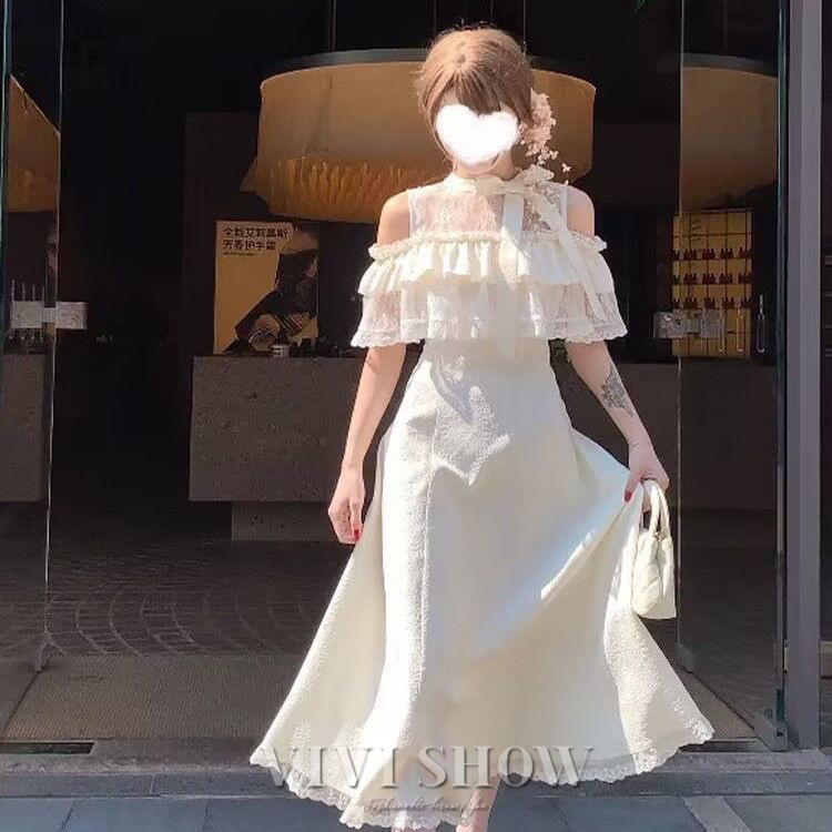ワンピース ロング ドレス 結婚式 オフショル風 レース フレア フリル