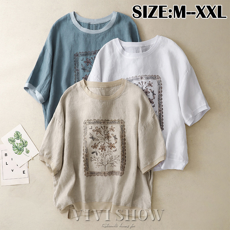 ブラウス シャツ 花柄 リネン混 レディース 5分袖 トップス Tシャツ 綿