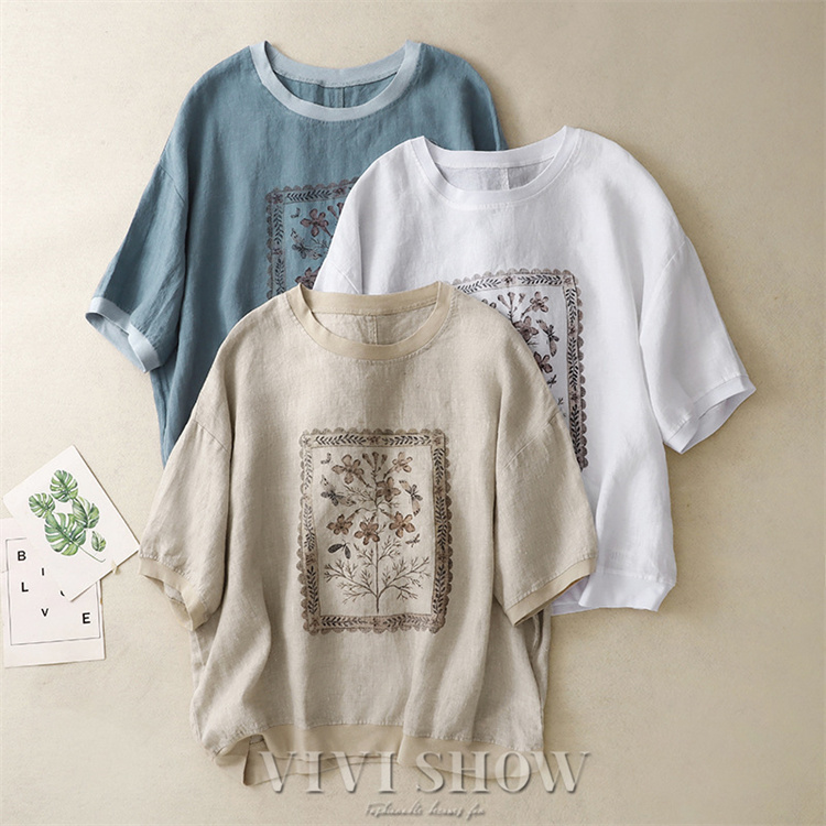 ブラウス シャツ 花柄 リネン混 レディース 5分袖 トップス Tシャツ 綿