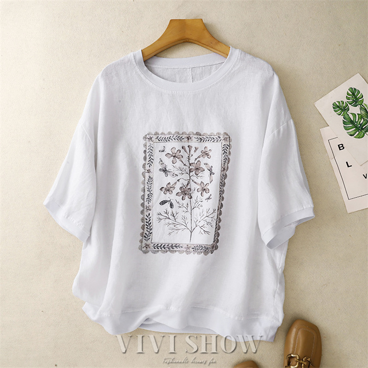 ブラウス シャツ 花柄 リネン混 レディース 5分袖 トップス Tシャツ 綿
