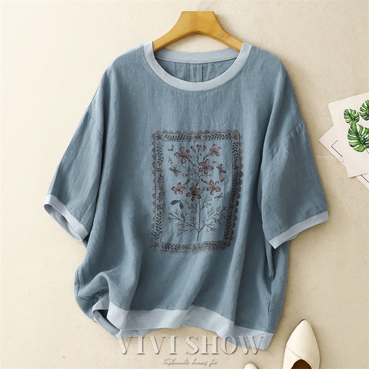 ブラウス シャツ 花柄 リネン混 レディース 5分袖 トップス Tシャツ 綿