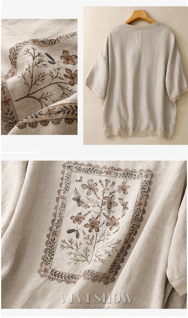 ブラウス シャツ 花柄 リネン混 レディース 5分袖 トップス Tシャツ 綿