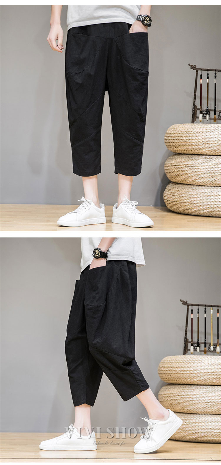 メンズ サルエルパンツ テーパードパンツ リネンパンツ 七分丈パンツ