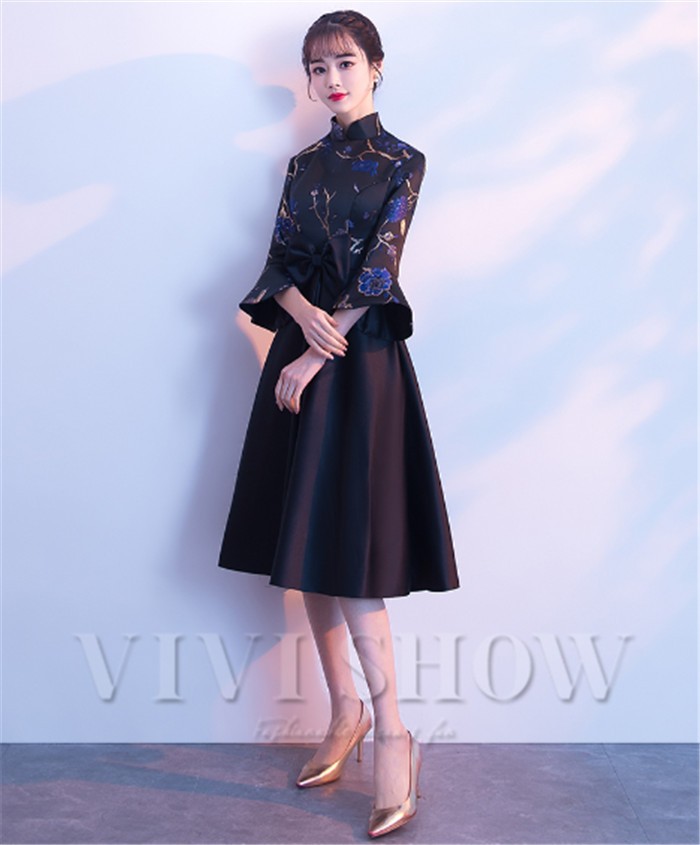 Audrey オケージョンドレス チャイナ風 ウエストゴム フレア Aライン
