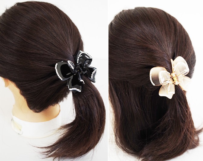 ヘアクリップ リボン レイヤー 小さめ ラインストーン付き バンス