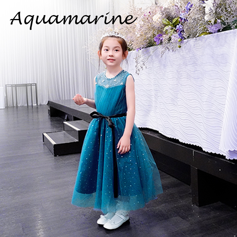 子供ドレス 発表会ドレス ネイビー ブルー ジュニア 女の子 ロング  