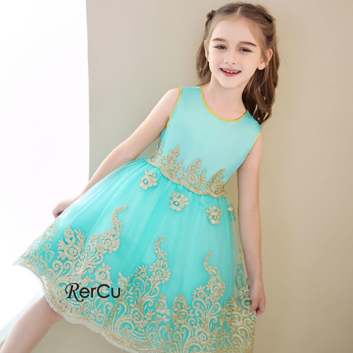 RerCu ドレス 子供 ピアノ 発表会 結婚式 子供ドレス キッズ 緑 ブルー