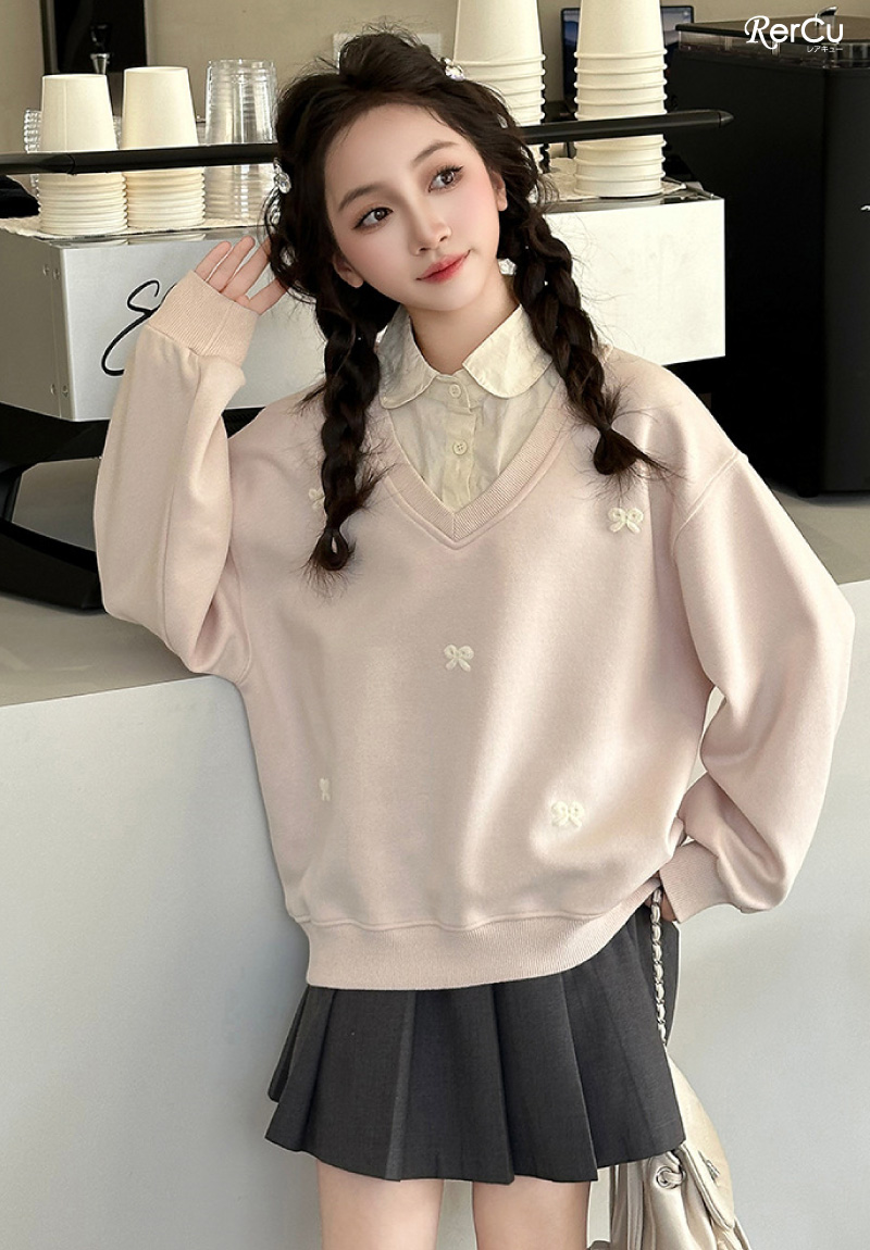 RerCu リボン刺繍入りスウェットトップス 春服 子供服 キッズ ジュニア
