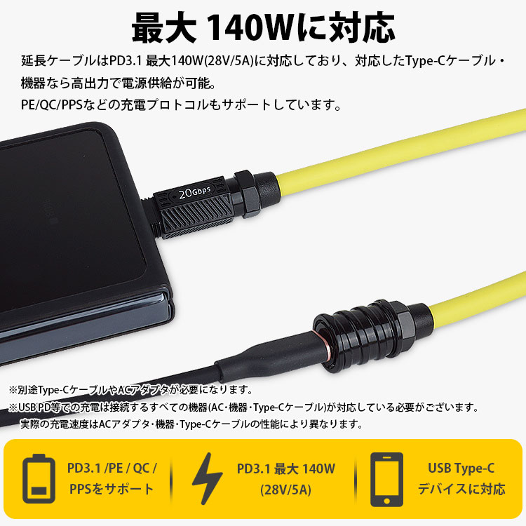USB Type-C 延長ケーブル 50cm スプリングケーブル オス メス PD 最大