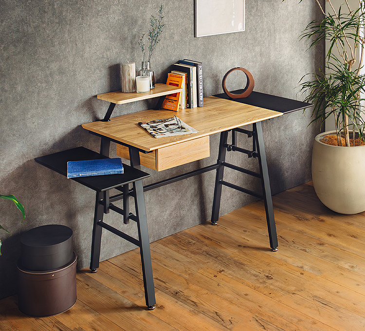 パソコンデスク 幅135 奥行55cm 伸長式ミニ天板 引き出し収納 可動棚