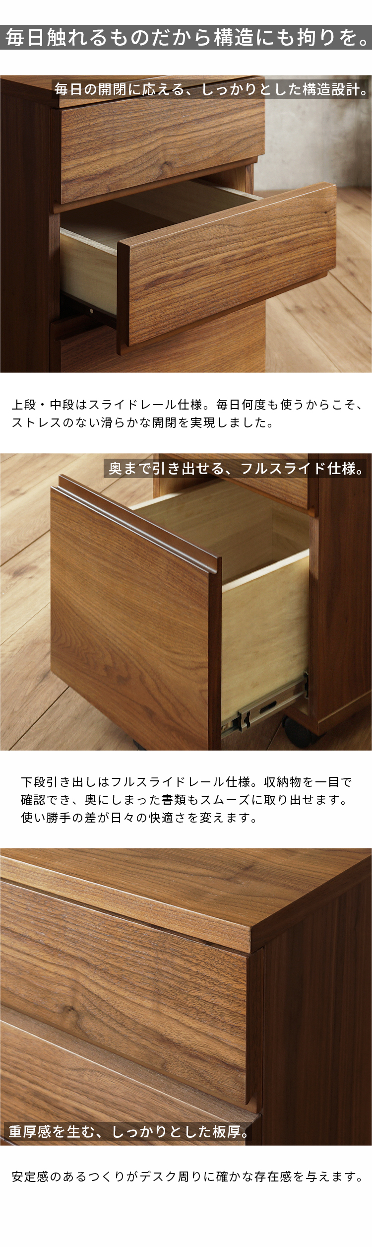 デスクワゴン サイドチェスト キャスター付き 3段 引き出し 幅40cm