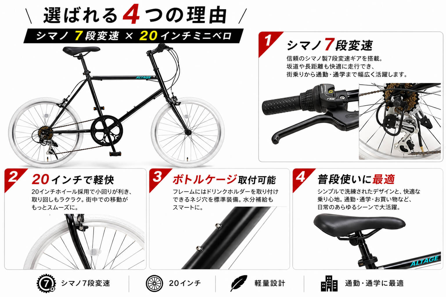 オオトモ ミニベロ 20インチ シマノ7段変速 自転車 軽量 コンパクト