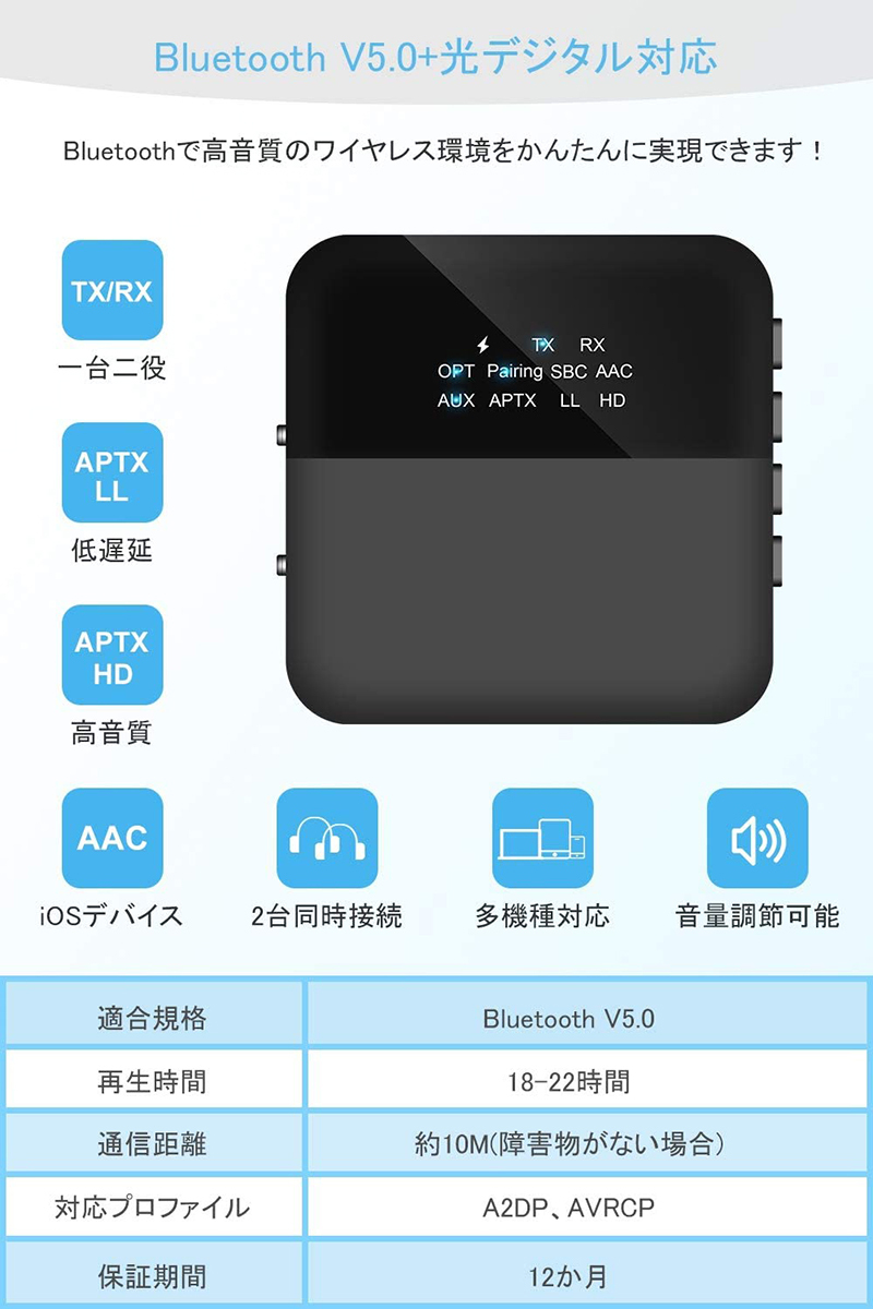 光デジタル対応】Bluetooth トランスミッター レシーバー 一台二役 Bluetooth 5.0 送信機 受信機 2台同時接続 aptx-LL  apt-X HD対応 22時間連続作動(MAX) :addm1509:安光屋 - 通販 - Yahoo!ショッピング