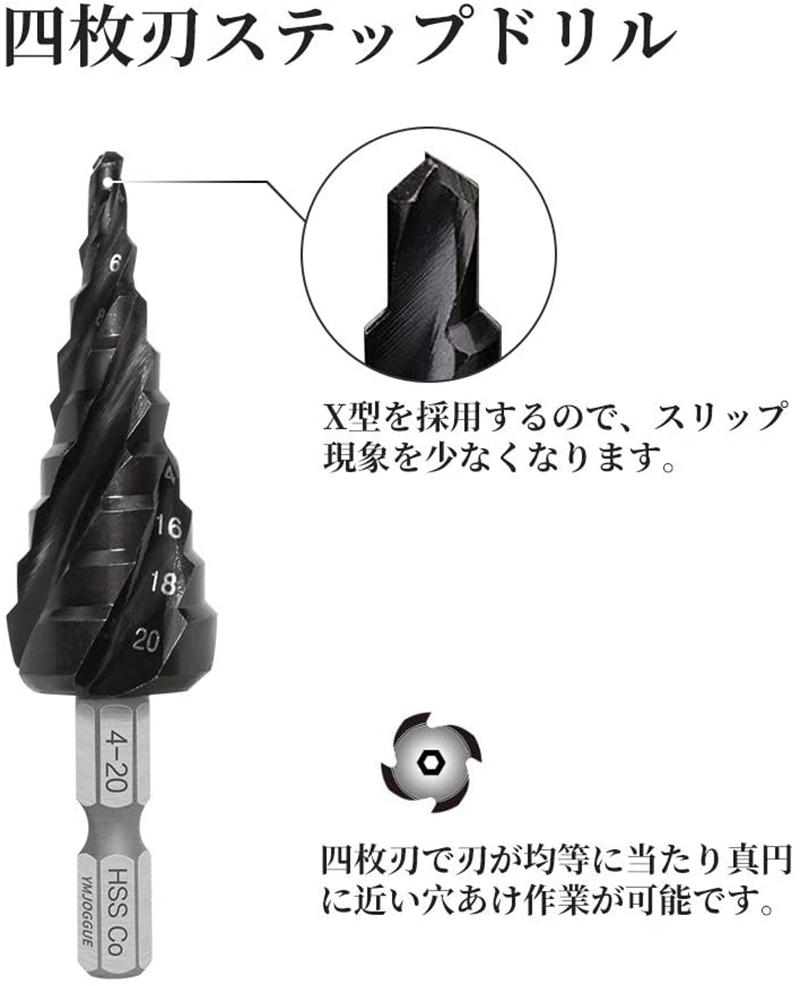 四枚刃ステップドリル 4-20mm/9段 六角軸 スパイラルドリル 穴あけ たけのこドリル 円錐ドリル チタンコーティング HSS-Co M35  超高硬度 ステンレス用 :addm1915:安光屋 - 通販 - Yahoo!ショッピング