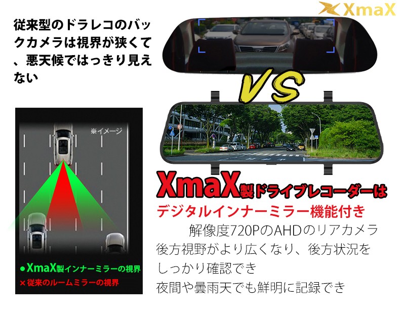 ドライブレコーダー 日本/海外仕様 選択可 国産車対応 右ハンドル 前後2カメラ フルHD 1296p 9.66インチ 32Gカード付  デジタルインナーミラー あおり運転対策