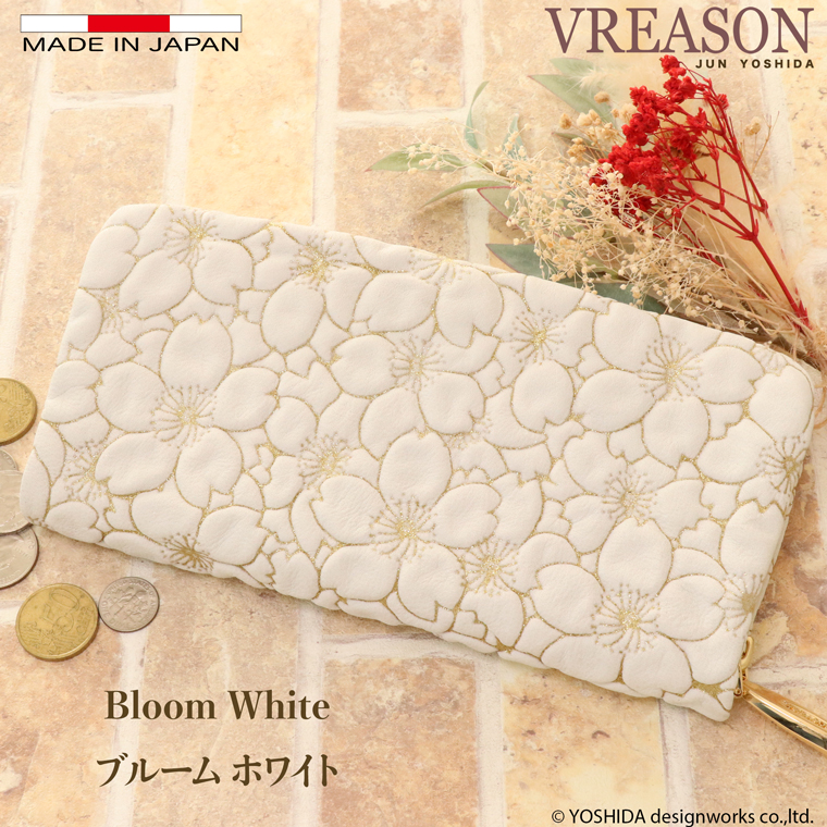 【 ラウンドファスナー 長財布 】 日本製 本革 サクラ 花柄 本革 財布 レディース レザー 牛革 財布 ソフトな 内縫い ゴールド シルバー VREASON ヴレアゾン | VREASON | 01