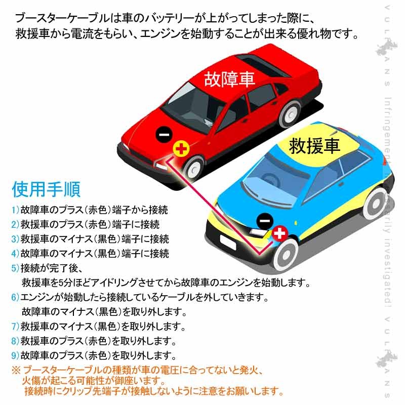大容量 ブースターケーブル 12v 24v対応 800a 2 5m 800アンペア 大容量 自動車 バイク 簡単 バッテリー上がりに 愛車のメンテナンスや整備に Diy 便利パーツ Vulcans 通販 Paypayモール