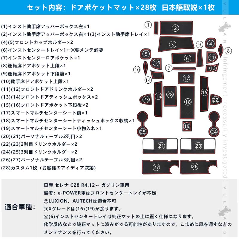 セレナ C28 ガソリン車 ドアポケットマット ラバーマット ホワイト 蓄光色 ブルー レッド ブラック 4色あり 28枚 滑り止めマット 水洗いOK 内装 パーツ