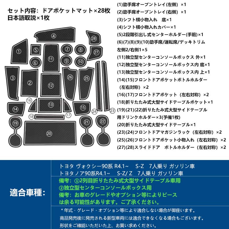 ドアポケットマット ヴォクシー/ノア 90系 7人乗り S-Z /Z 滑り止めマット 蓄光色 インテリアマット ラバーマット 水洗いOK 28枚 内装 パーツ キズ防止 トヨタ