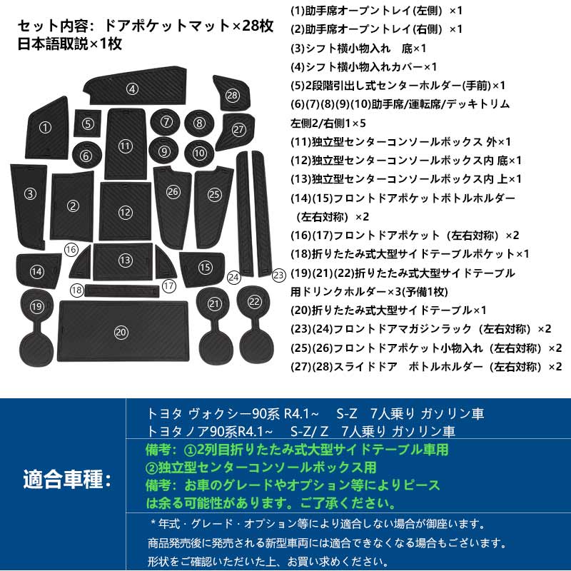 ノア90系 ヴォクシー90系 ドアポケットマット 28枚 7人乗り S-Z /Z ラバーマット 滑り止めマット インテリアマット 水洗いOK 内装 パーツ キズ防止 NOAH VOXY