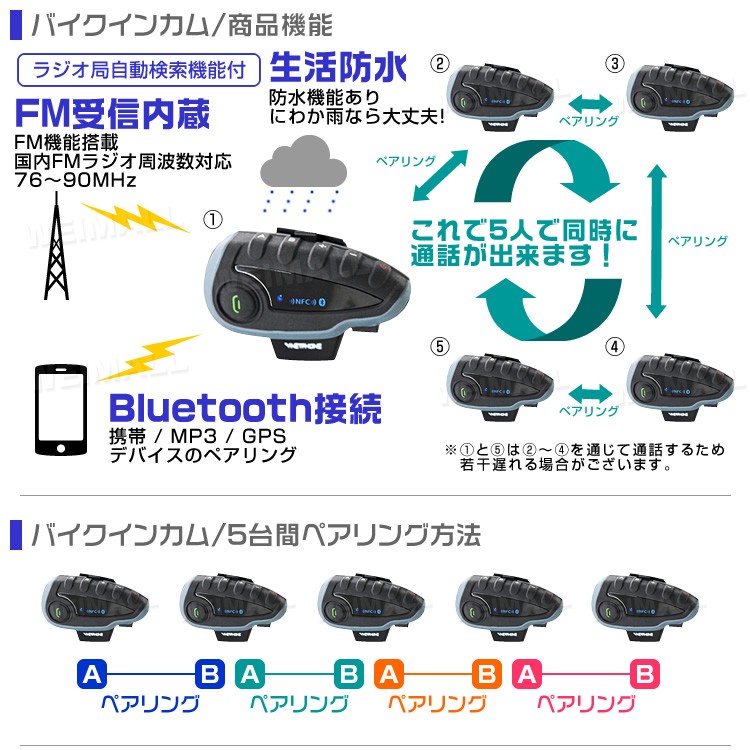 バイクインカム インターコム Bluetooth 5人通話可能 V8 ハンドル用 