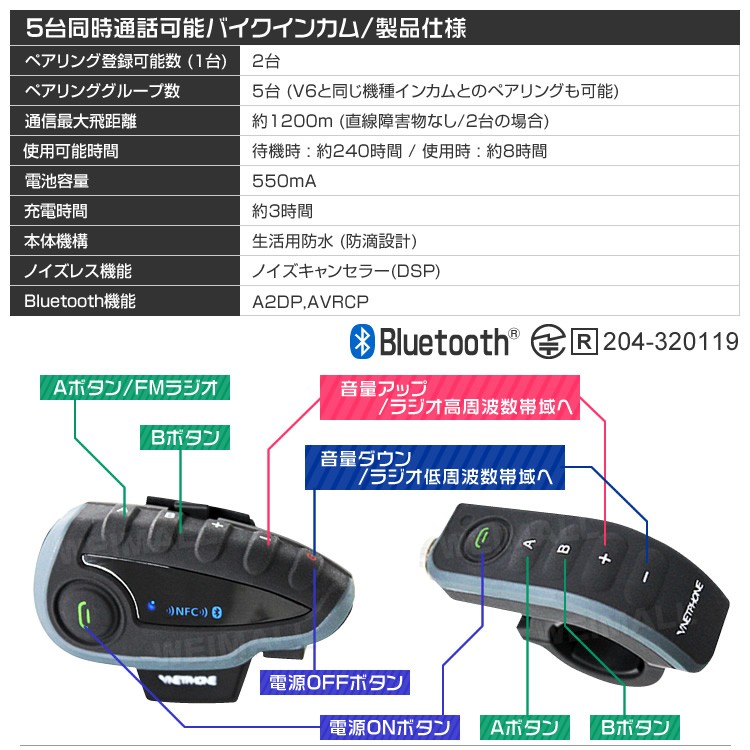 バイクインカム インターコム Bluetooth 5人通話可能 V8 ハンドル用リモコン付 1200m ツーリング ワイヤレス ヘッドセット 半年保証  WEIMALL : a05d : W-CLASS - 通販 - Yahoo!ショッピング