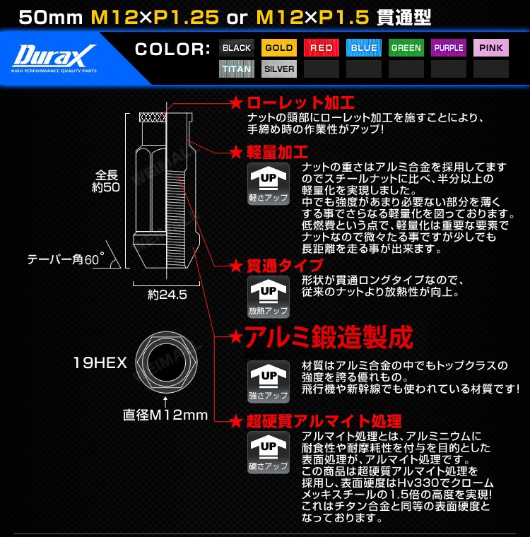 Durax アルミホイールナット ロング 50mm 貫通タイプ M12×P1.25 M12×P1.5 紫 青 緑 金 赤 ピンク 銀 黒 20個セット  :BBPL-A:W-CLASS - 通販 - Yahoo!ショッピング