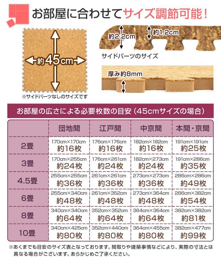 コルクマット 大判45cm 48枚セット 約6畳 ジョイントマット クッション