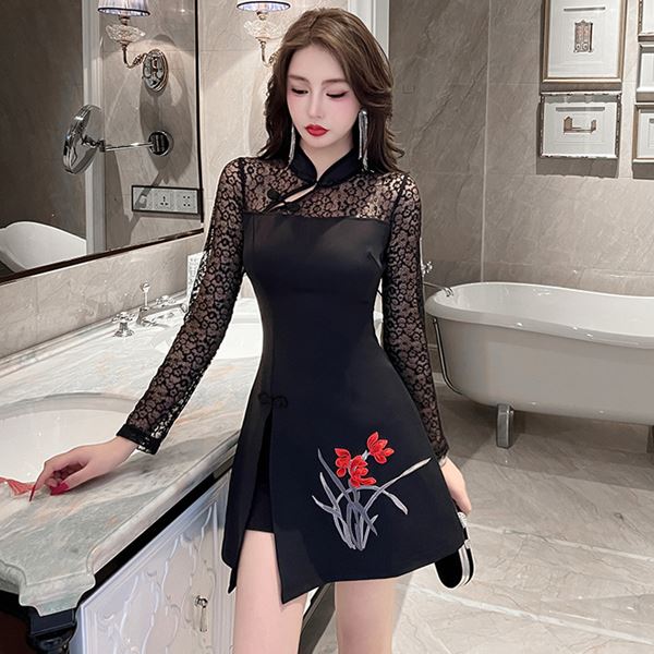 セクシー ワンピ 中華 キャバドレス ミニドレス 大きいサイズ レース花