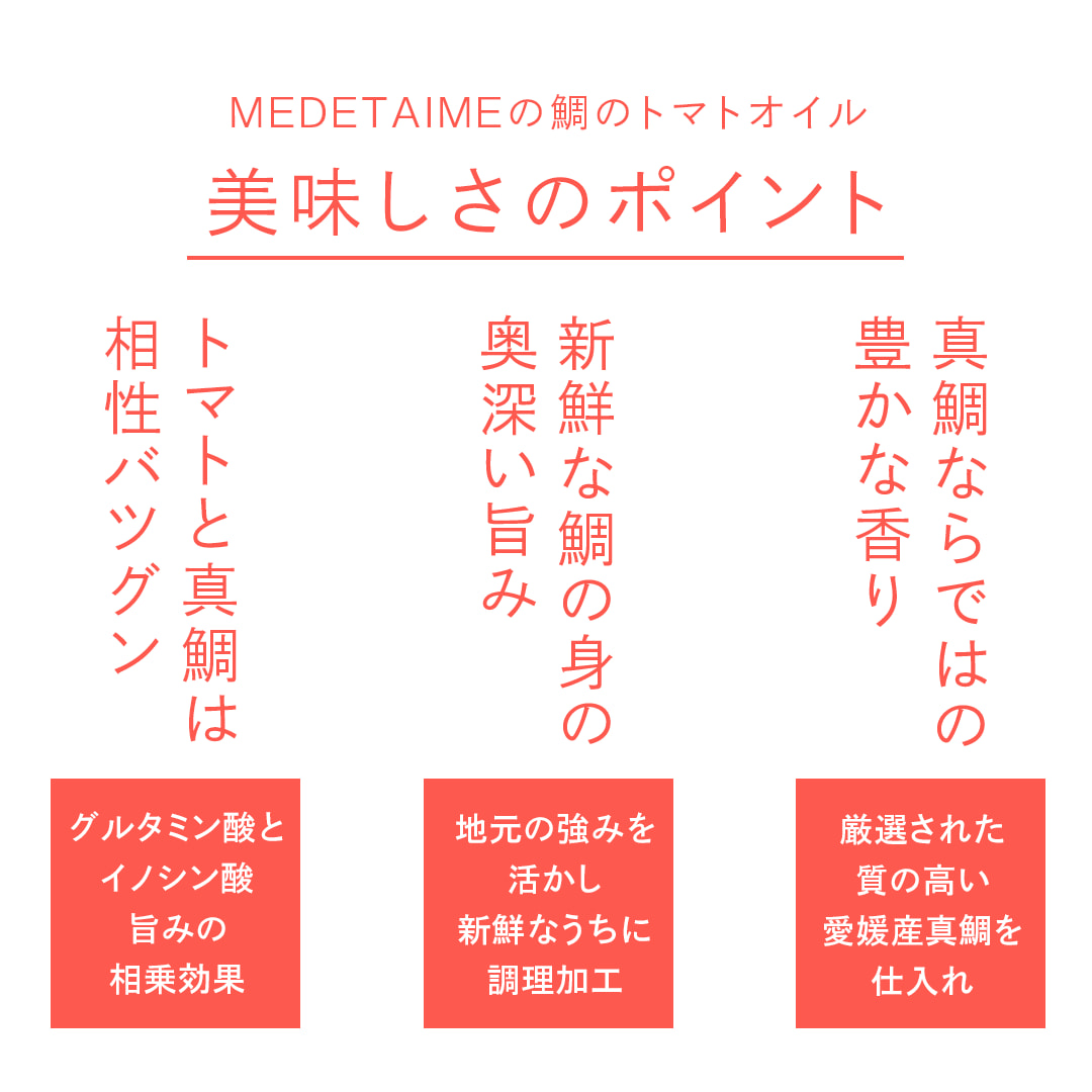 真鯛ならではの豊かな香り：厳選された質の高い愛媛産真鯛を仕入れ／新鮮な鯛の身の奥深い旨み：地元の強みを活かし新鮮なうちに調理加工／トマトと真鯛は相性バツグン：グルタミン酸とイノシン酸　旨みの相乗効果