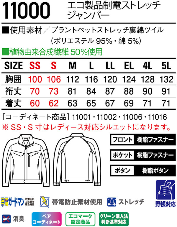 作業服 自重堂 Jichodo エコ製品制電ストレッチジャンパー 11000 4L-5L 秋冬 SDGs 環境配慮型 作業着 ユニセックス メンズ レディース | 自重堂 | 02