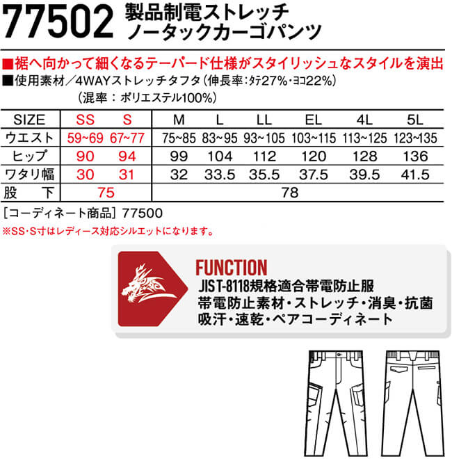 作業服 自重堂 ジードラゴン Jichodo Z-DRAGON 製品制電ストレッチノータックカーゴパンツ 77502 4Lー5L 春夏 帯電防止 作業着 ユニセックス メンズ レディース | Z-DRAGON | 02