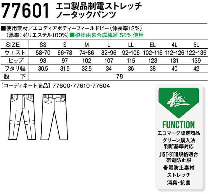作業服 自重堂 ジードラゴン Jichodo Z-DRAGON エコ製品制電ストレッチノータックパンツ 77601 4Lー5L 春夏 帯電防止 作業着 メンズ | Z-DRAGON | 02