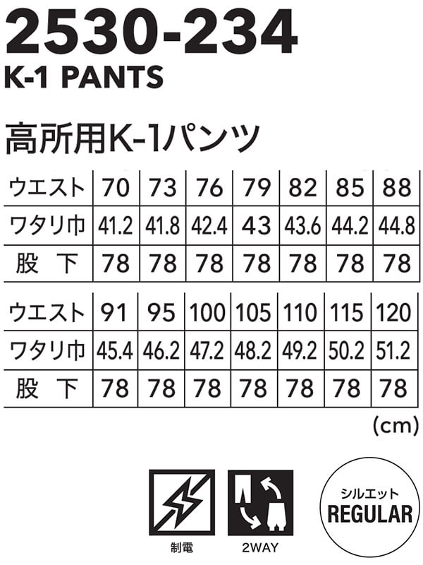 寅壱 作業服 TORAICHI 高所用K-1パンツ 2530-234 70cm-100cm 通年 制電