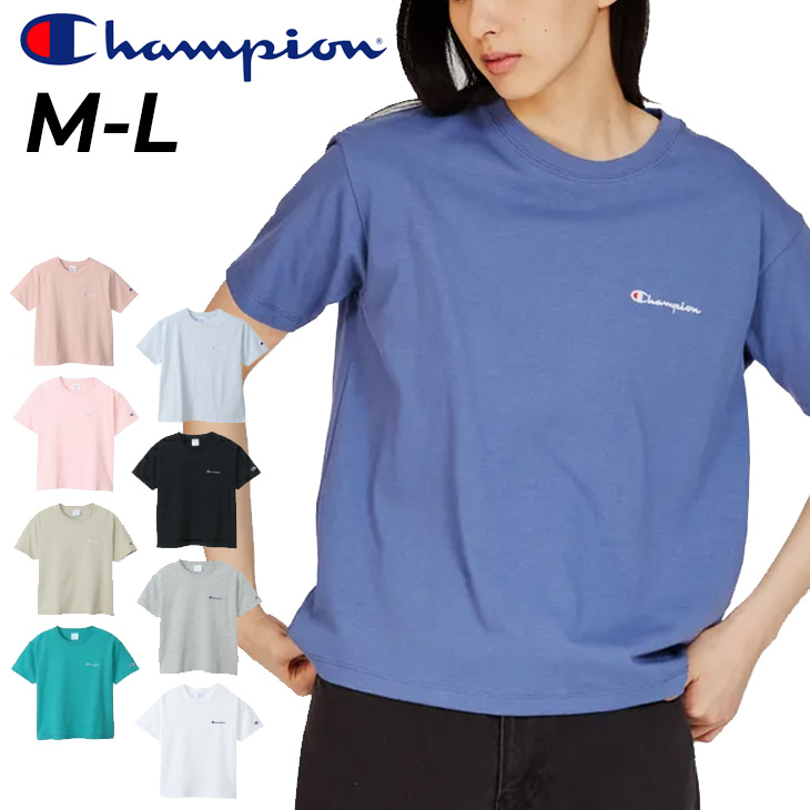 Champion Tシャツ レディース 半袖 ショート丈 クロップド クルーネック インナー ロゴ ワンポイント 綿100% スポーツ トレーニング 黒 Champion tシャツ 「Champion」ショート丈ロゴTシャツ