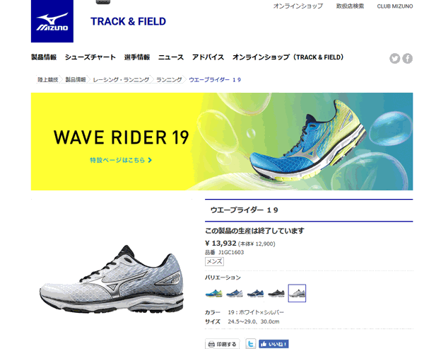 MIZUNO（ミズノ） ランニングシューズ メンズ ウエーブライダー19 靴