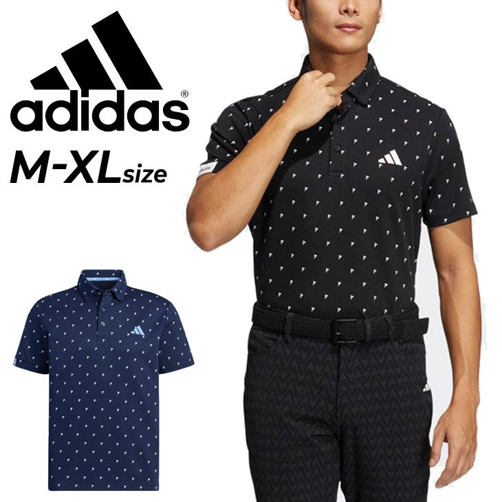 アディダス ポロシャツ 半袖 メンズ ゴルフウェア adidas GOLF ロゴモノグラムプリント ボタンダウンシャツ 男性 紳士用 ゴルフシャツ  総柄 メンズウェア 服