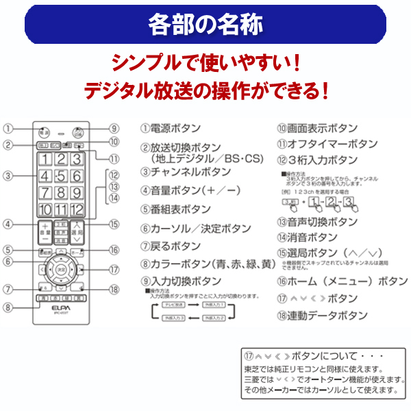 テレビリモコン 汎用 東芝 パナソニック 日立 三菱 シャープ ソニー など国内メーカー サンヨー IRC−203T ELPA  メール便送料無料1,290円