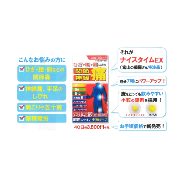 ナイスタイムEX 120錠 40日分 第３類医薬品 肩こり 腰痛 筋肉痛 目の疲れ 手足のしびれ フルスルチアミン 配置薬 置き薬 富山 とやま 新日製薬｜wa-mu｜03