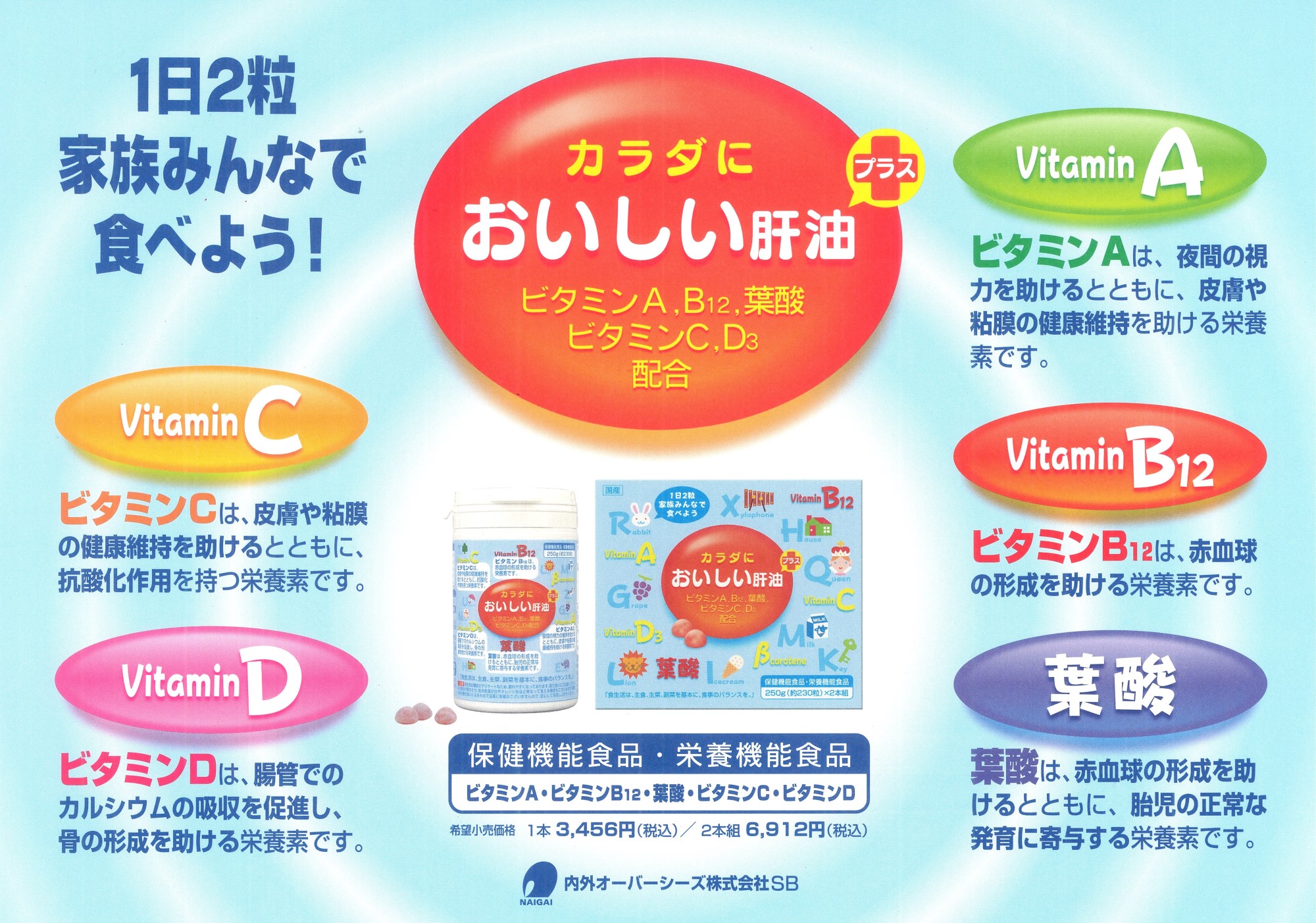 カラダにおいしい肝油プラス 250g(約230粒) 2本 栄養機能食品 税込価格6,912円 ビタミンA,C,D3,B12 葉酸 内外オーバーシーズ｜wa-mu｜02