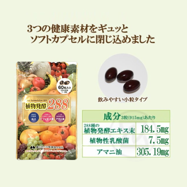 超話題新作 富山めぐみ製薬 植物発酵288 60粒 3袋 健康食品 植物性乳酸菌K-1 サプリメント・ビタミン