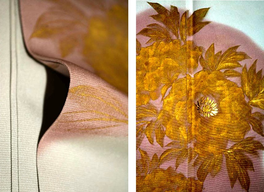 セール最新作新品同様　暈し染め　金彩　金糸シシュウ　牡丹　3つ紋　クリーニング済　色留袖　身丈156.5cm　裄63.5cm 　Ｔ2440 留袖