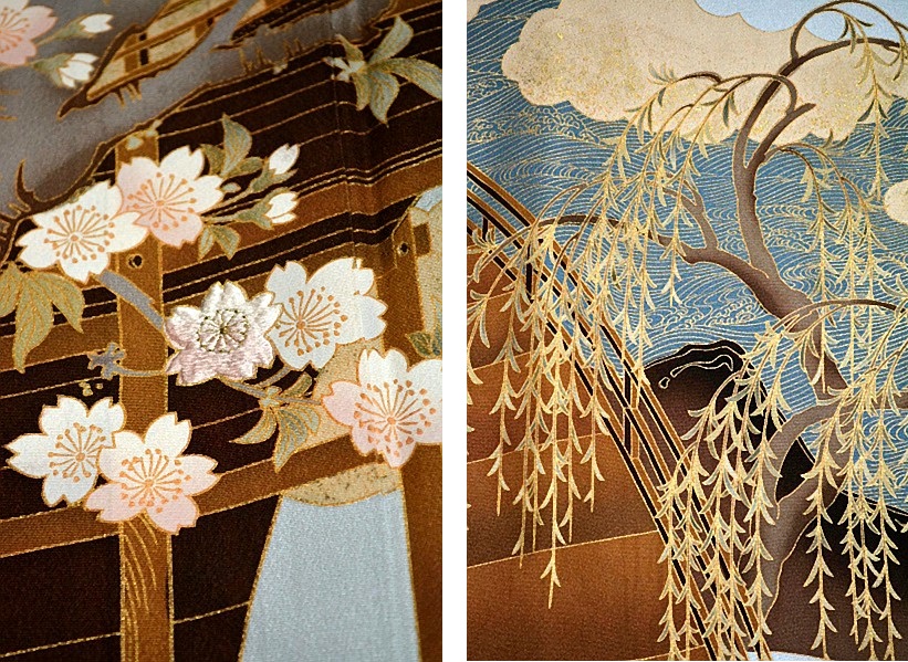 色留袖 中古 最高峰 新品同様 皇室デザイナー 中村乃武夫 渡橋風景花文 3つ紋 比翼付き クリーニング済 身丈159m 裄65cm Ｔ2881