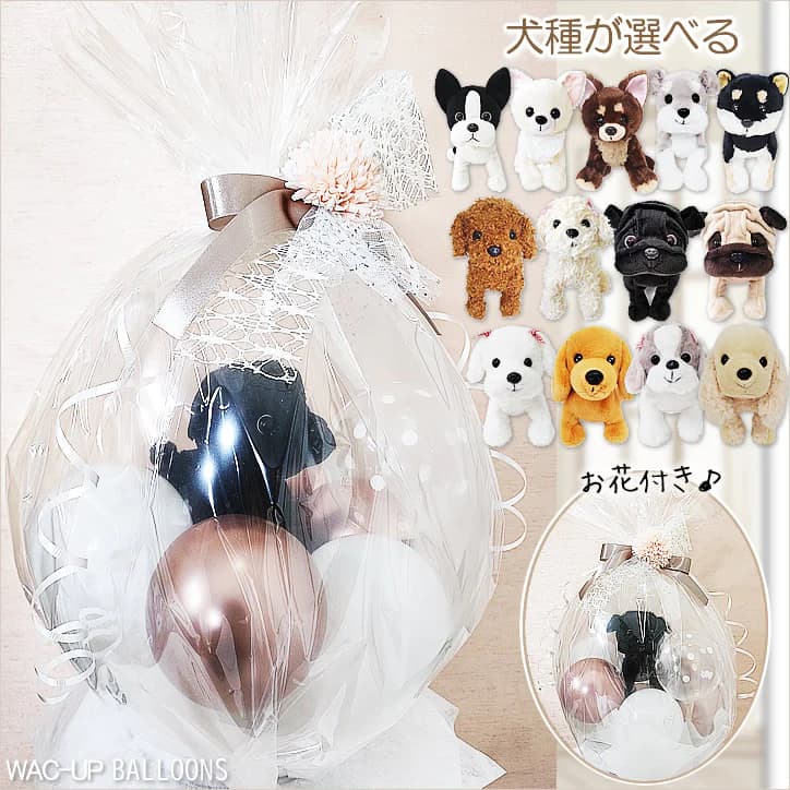 ぬいぐるみバルーンラッピング 選べるプレミアムパピー犬＜花レースピンクくすみ＞　メイン画像