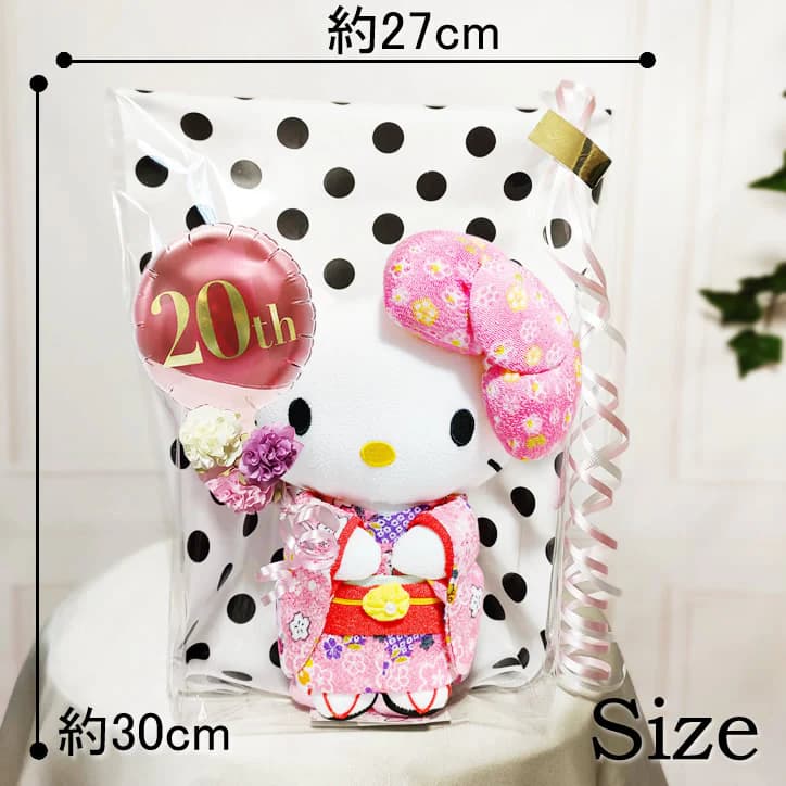 20thメモリーズレッド：ミニバルーン花束付サンリオ着物SギフトM大きさ画像