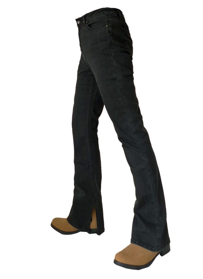 ブーツカット ベルボトム ジーンズ ダメージ 裾スリット ウォッシュ ブラック 黒 ロックファッション デニムパンツ