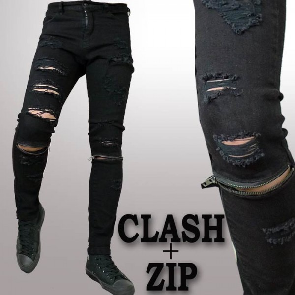 膝ZIP+ダメージ加工 クラッシュ ブラック スキニー パンツ スキニー
