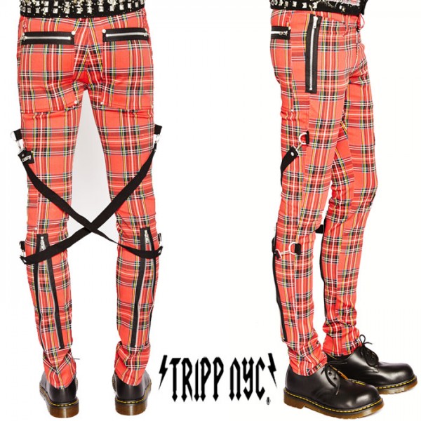TRIPP NYC トリップニューヨーク ボンテージパンツ chaos-pants tripp nyc ジップ カーゴ 赤チェック スキニーパンツ  ロック パンクファッション